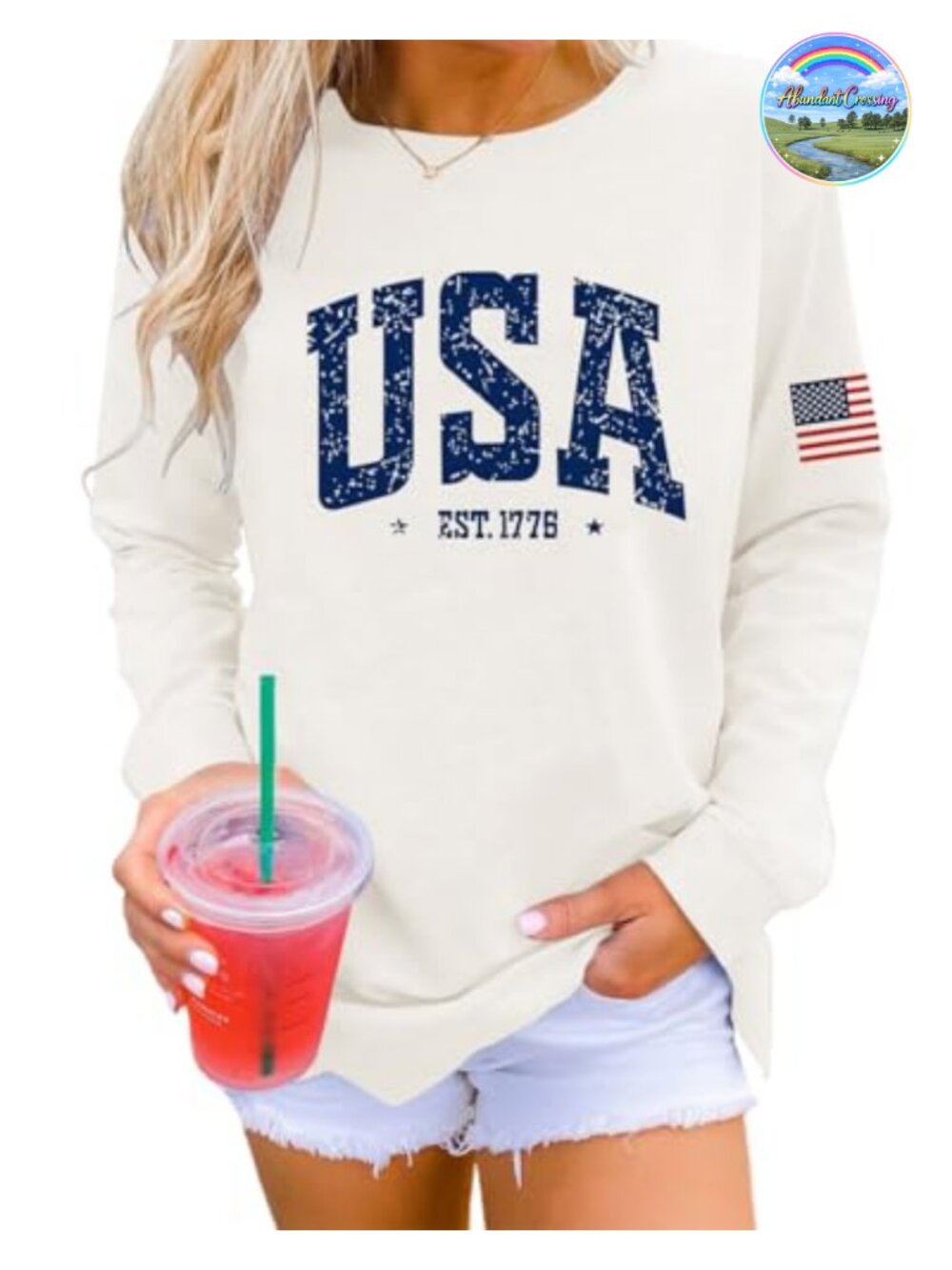 USA Graphic Sweatshirt Loose Crew Neck Pullover Long Sleeve Cotton Blend